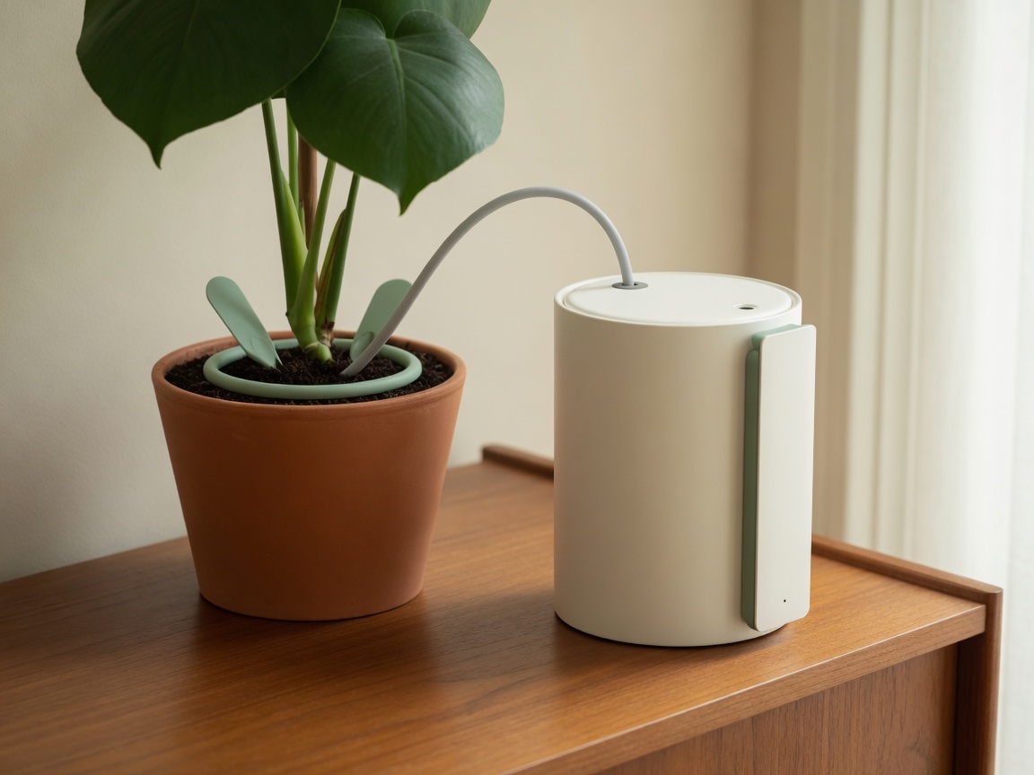 Arrosée sensor watering unit beside a potted monstera, tube and sensor ring on the soil
